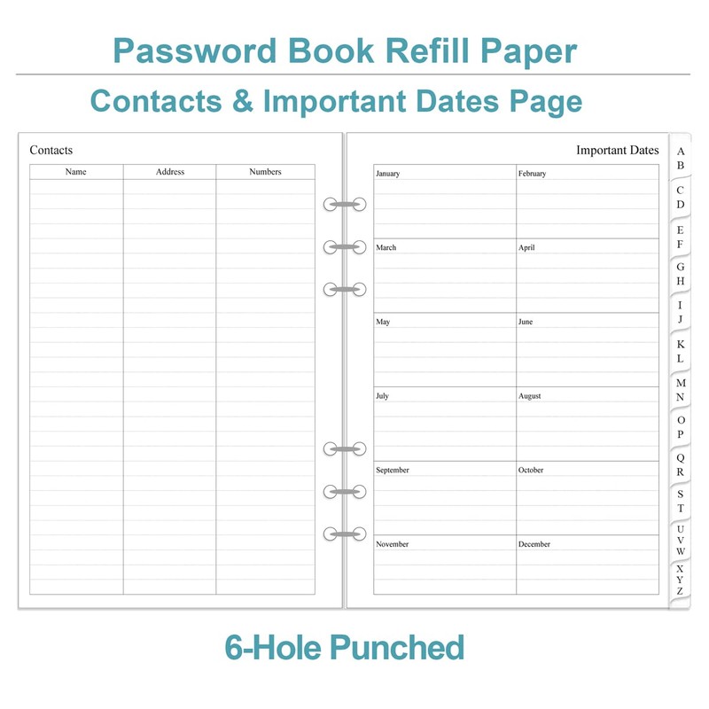 Password Book Refills for A5 Binder - A-Z Password Notebook
