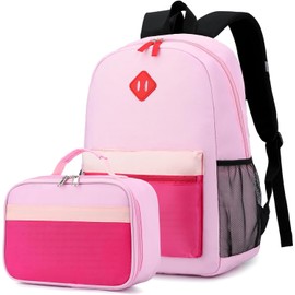Yvechus Kids Backpack Lunch Box Set Kindergarten School Backpacks 3-6 Years for Boys and Girls with Chest Buckle (Set Pink Purple, Medium-15 H)