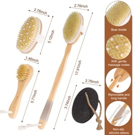 BONUMVITA Dry Brushing Body Brush Set- Wooden Long Handle Body Brush Set with Pumice Stone & Face Brush, Boar Bristle Body Bath Scrubber Brush for Lymphatic Drainage & Cellulite, Detachable