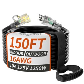 PlugSaf Black 16/3 Gauge Outdoor Extension Cord 150 ft Waterproof with Lighted Indicator,Flexible 3 Prong Long Extension Cord Outside, Cold Weatherproof -40°C, 10A 1250W 16AWG SJTW, ETL Listed
