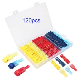 TOOHUI 120 Piece Set T Wire Connectors, Flat Terminals, Electrotap Splitter Connectors, T Connection Connectors, Terminals, Easy Fast Wire Installation, Branch Wire Connection, Thin Wire, Red / Yellow / Blue