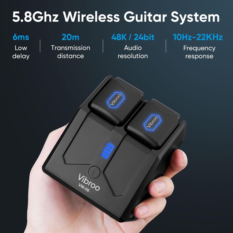 Vibroo 5.8Ghz Wireless Guitar System, Charging Case Included, Wireless Transmitter