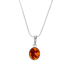 jewellerybox Sterling Silver & Amber Oval Pendant on Chain 14-22", Sterling Silver, Amber