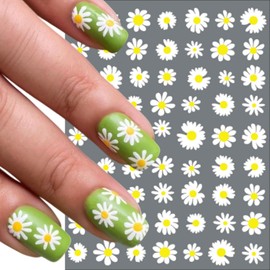6Sheets Daisy Nail Art Stickers,Floral Daisy Nail Decals Spring Summer 3D Self-Adhesive Nail Art Supplies White Yellow Petals Flowers Spring Nails Decals for Women DIY Acrylic Nail Decorations