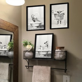 Heiple Set of 3 Framed Bathroom Wall Art Funny Penguin, Cow & Elephant for Funny Bathroom Wall Decor Hanging Farmhouse Home Bathroom Decor Sets Vintage Humor Animals Wall Art Bathroom (8"x10",Black)