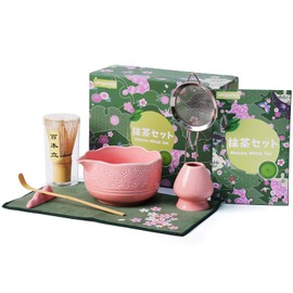 VPISHYKE Premium Matcha Set - Matcha Tea Set 7-Piece Traditional Tea Set with Bamboo Whisk, Bowl, Strainer & Accessories - Perfect for Matcha Lovers (Pink)