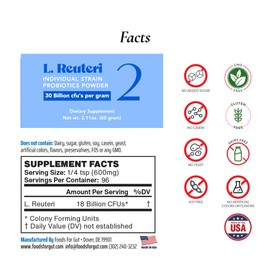 Foods For Gut Lactobacillus Reuteri 2 Probiotic Powder 30 Billion cfu's | Made in USA | NO Additives | Digestive & Immune Support | High Potency | L. Reuteri 2 | 60 Grams (2.11 Oz)