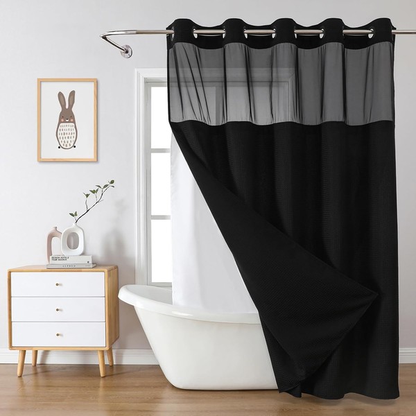 JYhoney Black No Hook Waffle Weave Shower Curtain with Snap