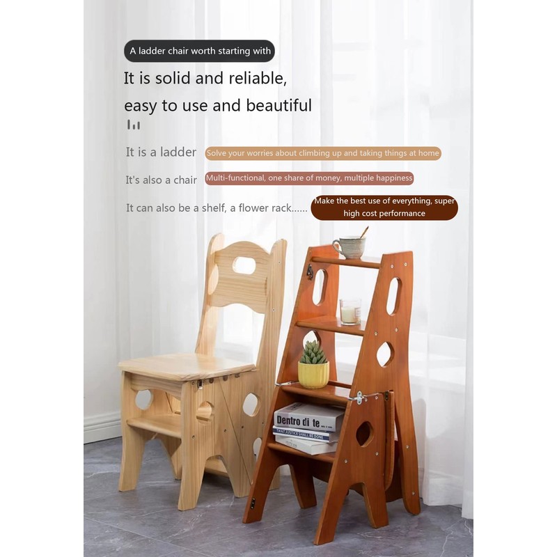 Wooden Folding Library Ladder Chair, 4-Storey Portable Multi-Function Step Stool,