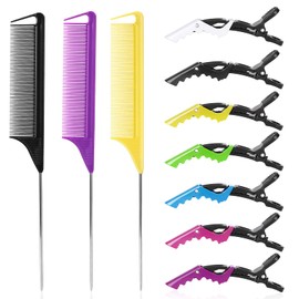 Rat Tail Combs With Clips，10Pcs Rat Tail Combs Set，3Pcs Steel Pin Rat Tail Teasing Combs and 7Pcs Alligator Styling Sectioning Clips,Hair Parting Comb for Women,Salon Home Stylist Braiding Comb Set( B Style)