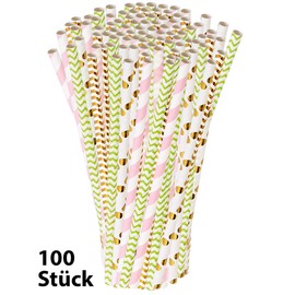 PEARL Cocktail Drinking Straws: 100 Paper Straws, Retro Motifs in Gold, Green, Pink, 197 x 6 mm (Straw, Straws Drink, Drinking Bottle)