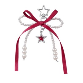 ChungLong0593 Cute Silk Ribbon Bow Knot Stars Charms Keychain Y2K Pearl Bow Knot Key Ring for Women for Car Keys Holder Bag Purse-Red