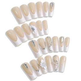 24pcs Square False Nails, French Press on Nails, Butterfly Press on Nails Removable Nails Full Cover Fake Nails Women Girls Nail Art Accessories