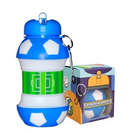 Blue & White Football Water Bottle - Unique Football Gifts for Boys and Girls - Cool Kids Water Bottle, Collapsible, Leakproof - Boys Water Bottle - BPA Free - 550 ml