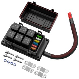 6 Way Waterproof Fuse Relay Box 12v Automotive Relay and Fuse Box Pre-wired with 6 Slot Relays and 6 Slot ATC/ATO Blade FusesRated Voltage: 12 V