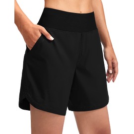 G Gradual Women's 7" Quick Dry Swim Board Shorts Swimming Bottoms High Waisted Beach Shorts for Women with Liner Pockets(Black,M)