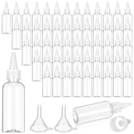 AojSup 60 Pcs 2 oz (60 ml) Plastic Hair Squeeze Bottle with Twist Cap - Refillable Applicator Bottle for Hair Oils, Dyes & Liquids, Includes 2 Funnels (Clear, 4.72 x 1.34 inches)