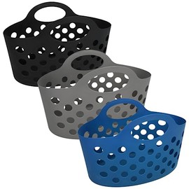 Basket with Handles 3 count Plastic Oval Carry Totes 12"x7"x7" (Black, Dark Gray, Navy Blue)