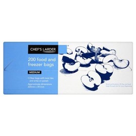 Chefs Larder 200 Clear Food and Freezer Bags Medium with Twist Ties and Write On Panels Approx 225mmx351mm