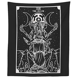 The Goddess Hecate Tarot Card Tapestry (Black & White) - Triple Moon Goddess of Witchcraft Hekate Wheel Pagan Witch Wall Hanging (80" x 68")