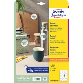 Avery Zweckform L7104REV-25 Pack of 300 Labels, Circular, Removable, Diameter 60 mm, 25x A4 Sheets White