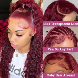 BAESITTE 99J Burgundy Deep Wave Lace Front Wigs Human Hair 13x4 HD Transparent Curly Lace Front Wigs Pre Plucked with Baby Hair Glueless Human Hair Wig for Black Women Wet Wavy Red Colored 22 Inch