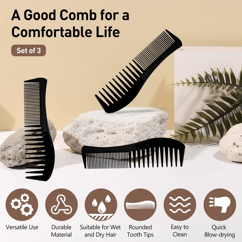 Zoolinn Versatile Hair Grooming Set - 3PCS Black Double-Sided Combs
