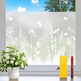 Niviy Frosted Glass Window Film Decorative with Installation Tools, Window Cover Non-Adhesive Window Stickers Reusable Decorative for Room (Flower, 17.5 x 78.7 in)