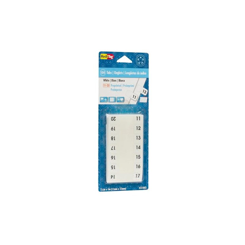 Redi-Tag Numbered Tabs, 11-20 Pre-Printed Divider Tabs, Permanent Adhesive Index