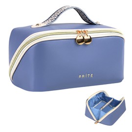 Prite Prite Travel Cosmetic Bag Makeup Organizer Bag For Women Large Capacity Waterproof PU Leather Toiletry Bag with Handle and Clear Divider(Blue)