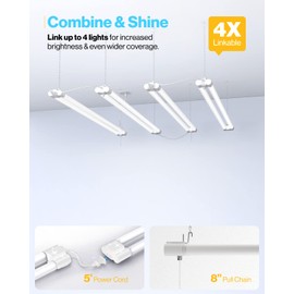 Sunco 6 Pack LED Workshop Garage White Shop Light 4FT, Plug in Linkable Utility Light Fixtures, 260W=40W, 5000K Daylight, Frosted Lens, Pull Chain, Hanging/Mounted, 4100 LM - ETL Energy Star