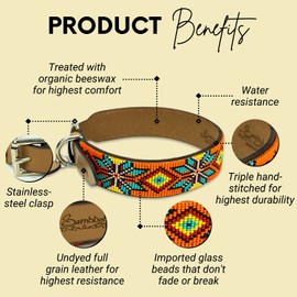 Sambboho - Maui Dog Collar - All Natural Soft Leather Dog Collar w/Durable Hand Stitched Bead Embroidery (12-14 in.)