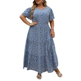 Nemidor Womens Plus Size Boho Ditsy Floral Print Casual Layered Flared Maxi Dress with Pocket NEM304(18,Blue White)