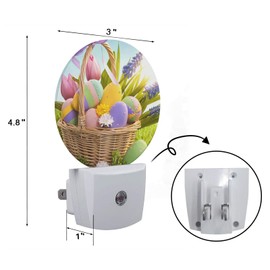 Axayaz Easter Colorful Eggs Night Light Plug Into Wall Basket Eggs with Polka Dot Flowers Leaves Grass Ribbon Auto Sensor LED Dusk to Dawn Light for Bedroom Staircase
