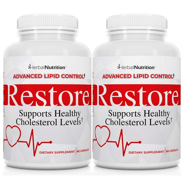 Restore - Best Cholesterol Lowering Supplement, Red Yeast Rice, Grape Seed Extract, Folic Acid for Advanced Lipid Control, All-Natural Bio-Actives, Lower Cholesterol in 90 Days Guaranteed Two Bottle
