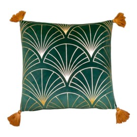 Moroccanity Art Deco Emerald Green velvet Copper gold cushion cover with tassels, art deco pillow, gold green cushion cover, velvet pillowcase, 43x43cm