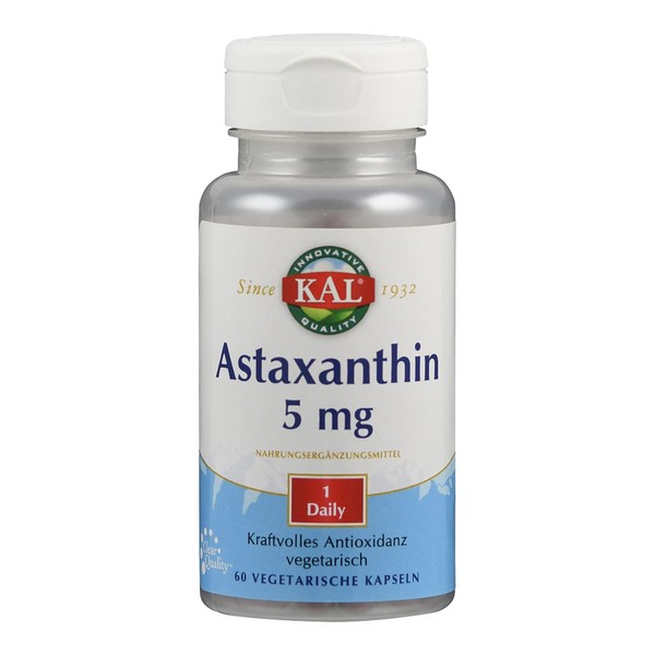 Kal Astaxanthin | 5mg | 60 capsule | gluten free | vegan | laboratory tested | without genetic engineering | dietary supplement produced by algae & | related to beta carotene, lutein and zeaxanthin
