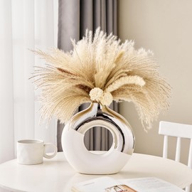 Ceramic Donut Vase, 10"L x 10"H White and Silver Vase for Pampas Grass, Modern Round Vases for Silver Decor, Ceramic Vase Centerpieces for Wedding, Bedroom, Living Room, Coffee Table, Entryway, Office