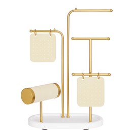 SONGMICS Jewelry Stand, Jewelry Organizer, Jewelry Display Holder with Metal Frame, 2 Earring Boards, 4 Hanging Rods, Necklace Earring Bracelet Holder, for Watches, Metallic Gold UJJS025A01