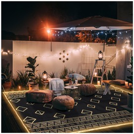 Outdoor Rugs Carpet 6x9 ft for Patio RV Camping with Led Strip Lights Waterproof Plastic Straw Rug Reversible Portable Floor Mats Outside Decor Indoor Rugs Balcony Picnic Geometric Rug Clearance