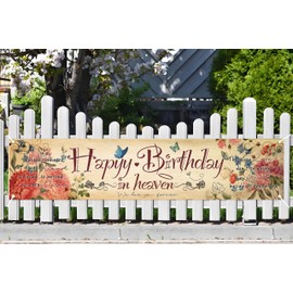 Happy Birthday in Heaven Banner Remembrance Memorial Yard Flag Decorations Funeral Memorial Yard Banner Happy Heavenly Birthday Remembrance Sign for Cemetery 78.7 * 17.7 inch Yellow
