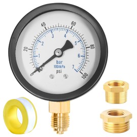 Editbar Pressure Gauge 62 mm 0-7 Bar 0~100 Psi, Well Pump Pressure Gauge, Black Dial, 1/4 Inch BSP Nipple Copper Adapter with 1/2 Inch BSP and 3/8 Inch BSP Brass Socket Adapter and Teflon Strap