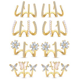 Tornito 4 Pairs Claw Ear Cuffs Zircon Pierced Needle Stud Earrings Minimalist Ear Wrap Butterfly Pearl Piercing Claw Earrings for Women Gold Tone