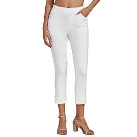 Vetinee White Capri Pants for Women Summer Casual Pull On Capri Jeans High Waisted Jeans for Women Stretchy Denim Pants Cream White Medium Fits US Size 8 to Size 10