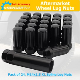 Set of 24, 14mmx1.5 XL Spline Wheel Lug Nuts for 6 Lug Aftermaket, Conical Bulge Seat, Closed End W/ 1 Socket Key, Black