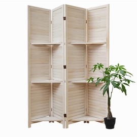 Room Divider with Shelves, 5.6 Ft Tall Folding Wood Screen with Double Hinges for Home Office Bedroom Hotel Decoration (4 Panels, White-Washed)