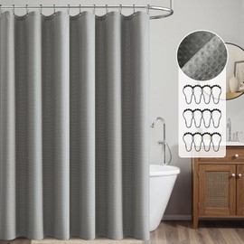 MIULEE Extra Long Waffle Weave Shower Bath Curtain 84 Inch Long with 12 Metal Hooks Modern Washable 260GSM Heavy Fabric Waterproof Thick Cloth Shower Curtains Set for Bathroom, Light Grey