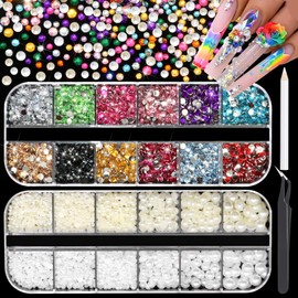RODAKY Colorful Nail Rhinestone Flatback White Beige Nail Art Pearls Resin Crystal Gems for Acrylic Nails Mix Size Pearl Beads Nail Decoration Craft DIY Accessories