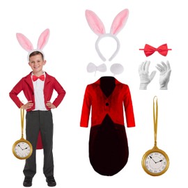 Lizzy Child Rabbit Costume (10-12 Years) 3pc Pink Bunny Ear set, Tail Coat, Red Bow Tie, Inflatable Clock, Cotton Gloves Kids fancy dress costume accessory world book day Easter