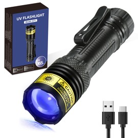 DARKDAWN UV Flashlight 365nm Black Light，Mini & Powerful USB- C Flashlights LED Rechargeable Woods Lamp， Portable Adjustable Focus Blacklight Flashlights for Uranium Glass, Money, Pet Urine Stains ﻿